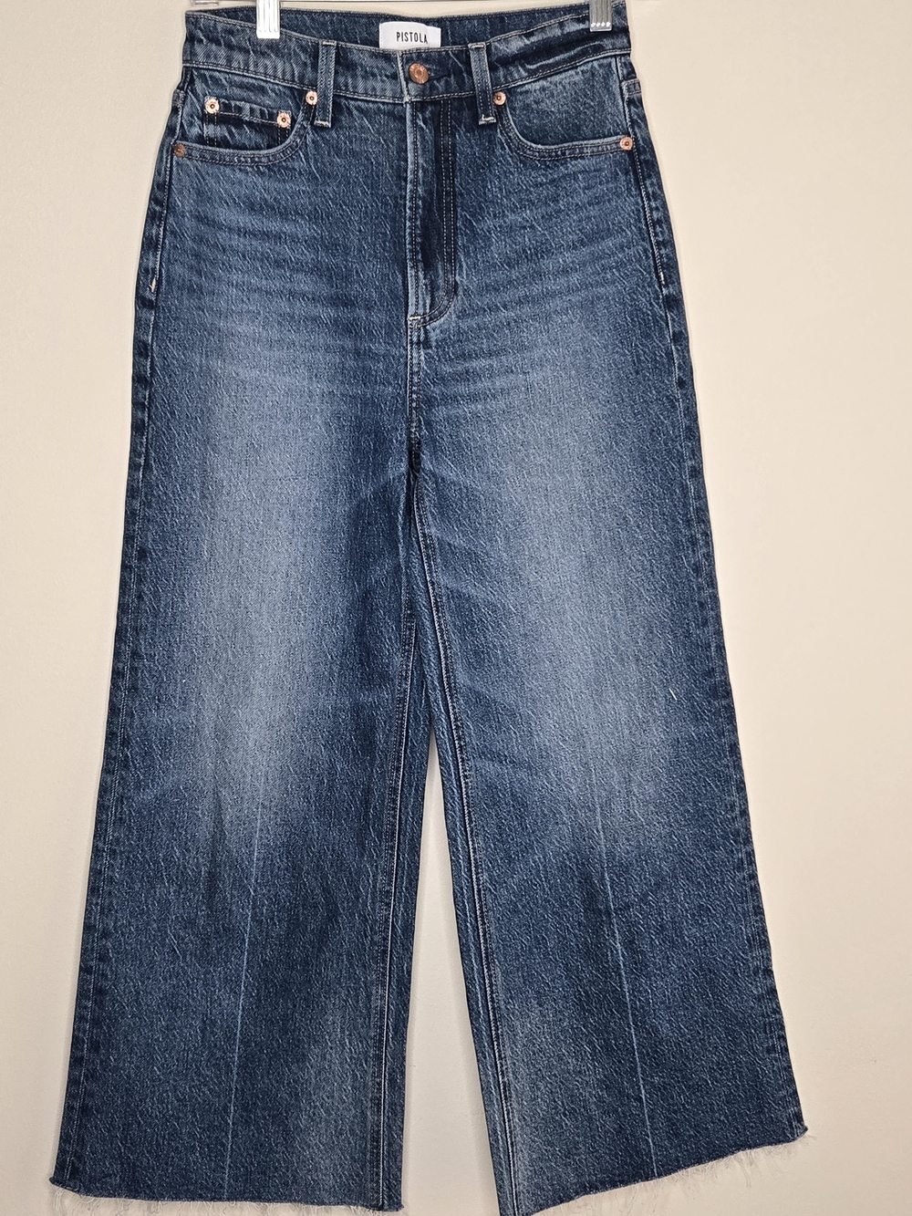 PISTOLA Penny Petite High Rise Wide Leg Jeans Size 25P Crop Raw Hem Medium Wash - Picture 2 of 9